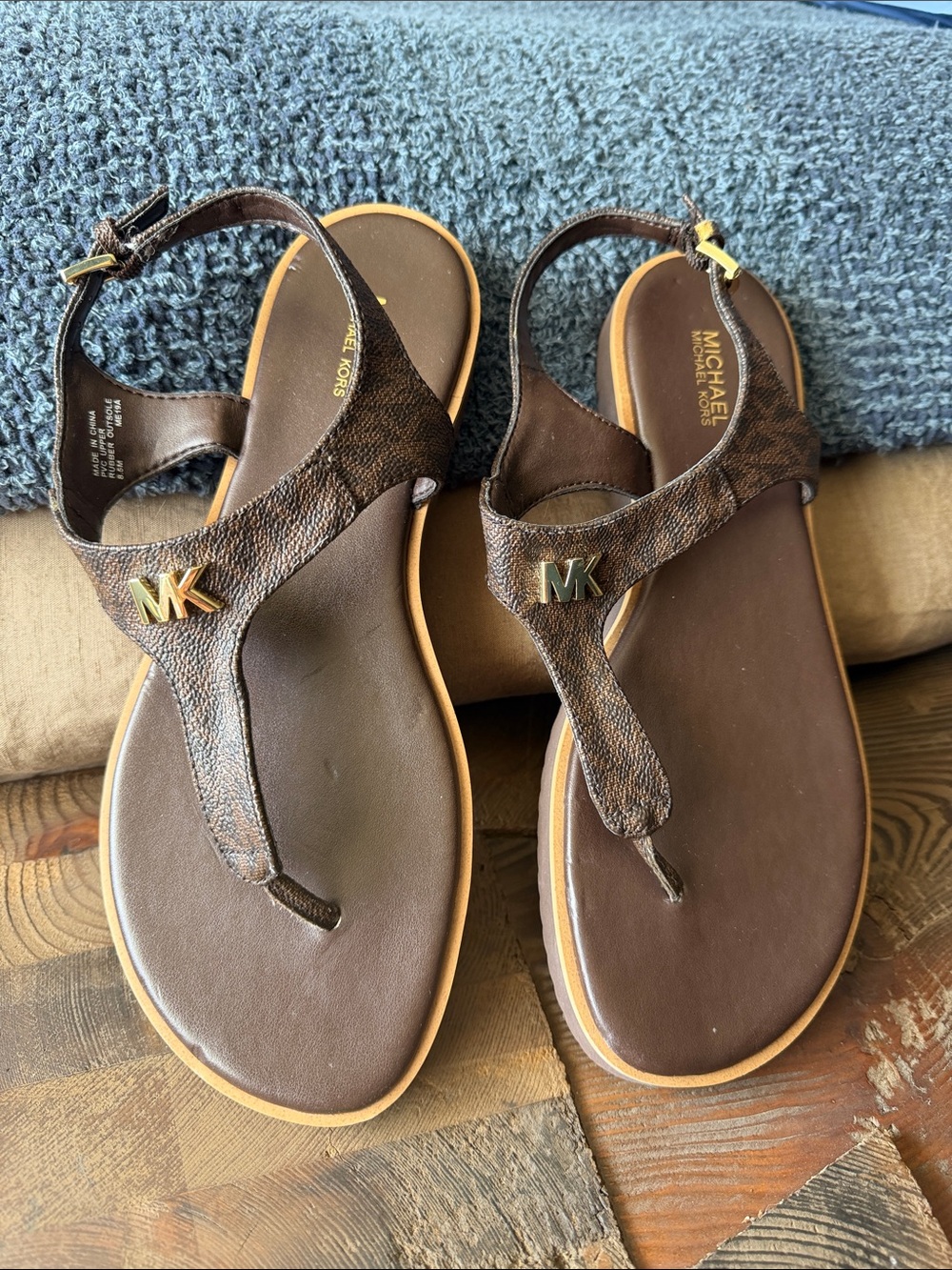 Michael Kors Brown Logo Thong Sandals with Gold MK Accents